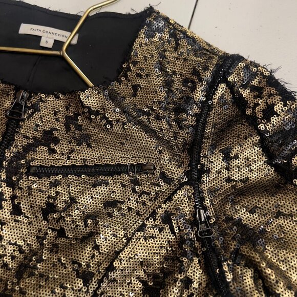 Faith Connexion Gold & Black Sequin Moto Jacket - Size S - Picture 7 of 10